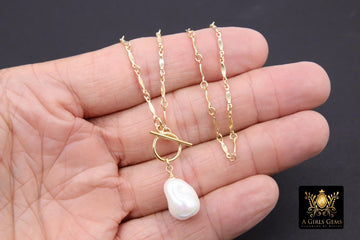 14 K Gold Filled Large Pearl Necklace, Genuine 14 K Gold Filled Dap Bar Chain Necklace, Baroque Pearls Bar Chain
